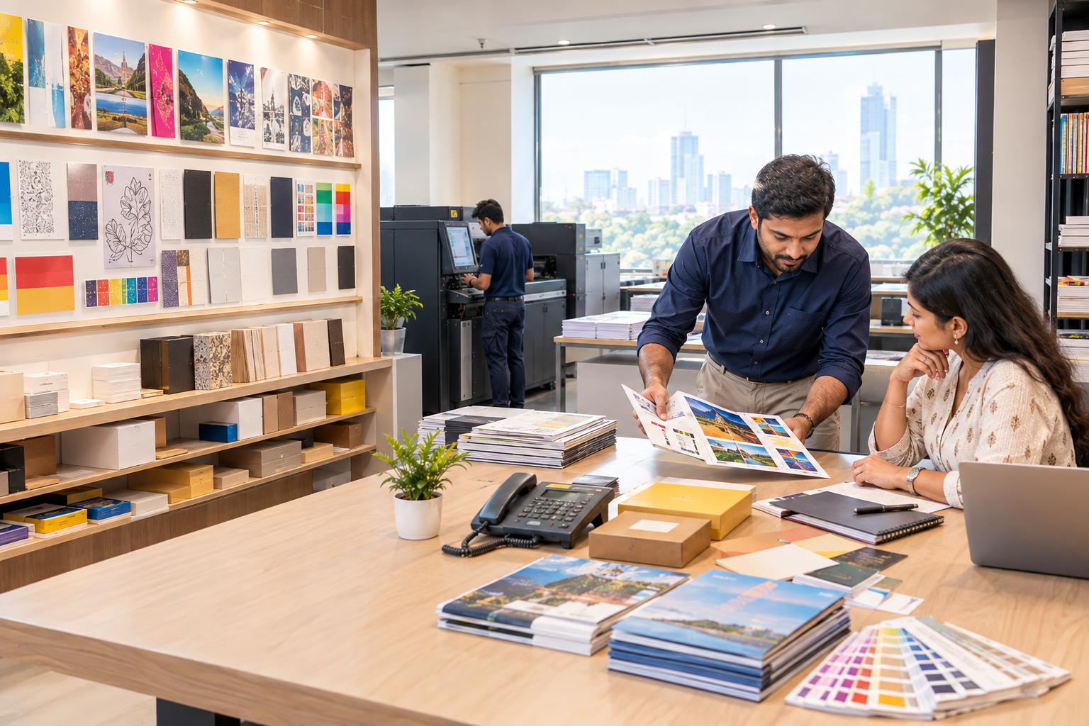 A friendly consultation desk with printed samples and proposal documents