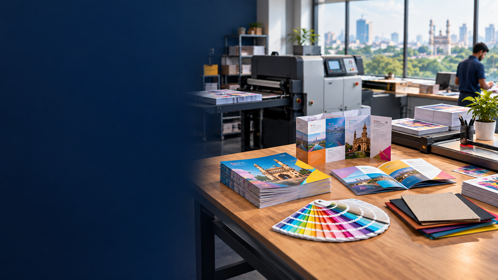 Colorful printed brochures and marketing materials arranged for an affordable print campaign