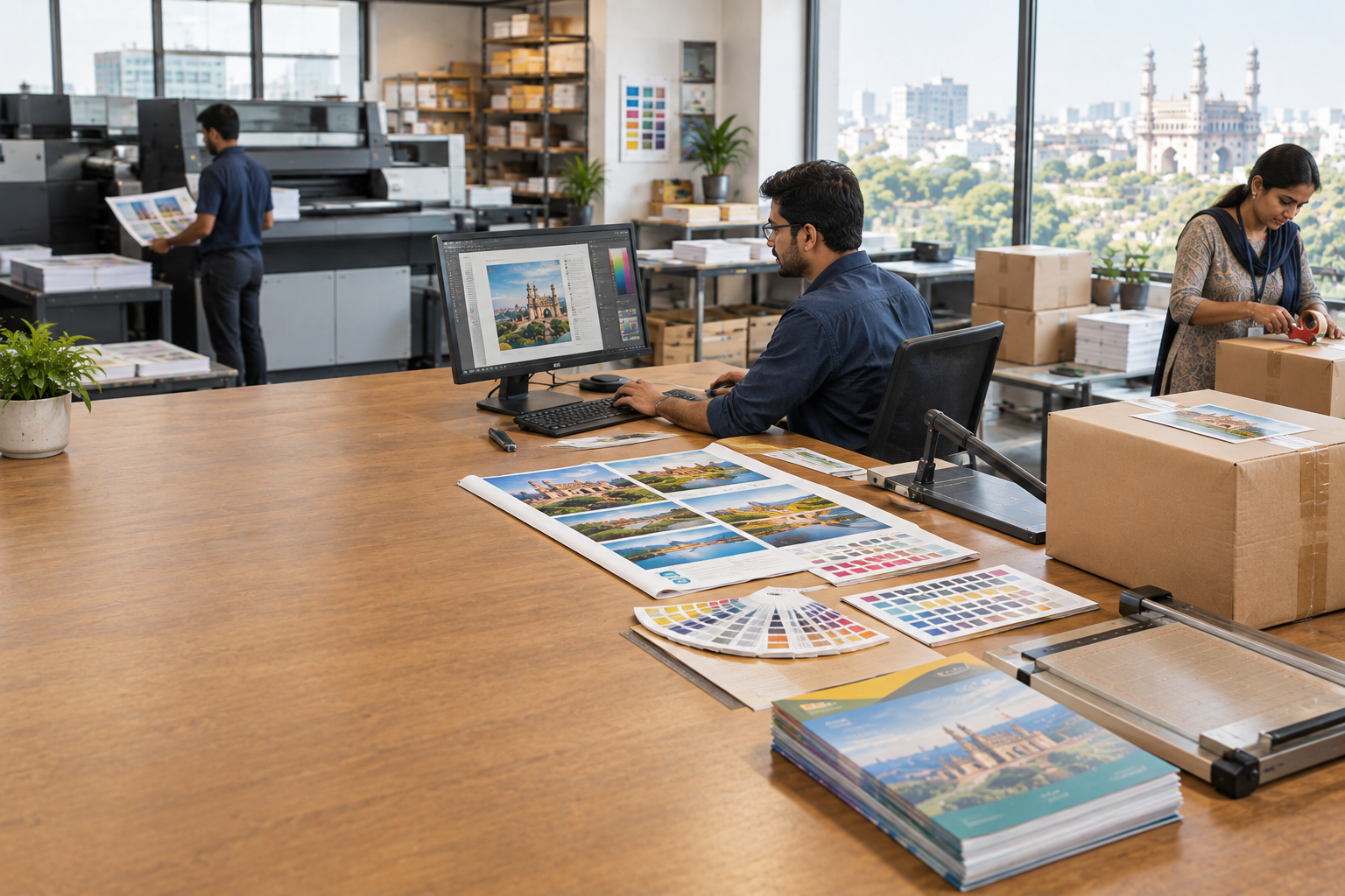 Four-step print workflow hero image showing upload, printing, finishing and delivery
