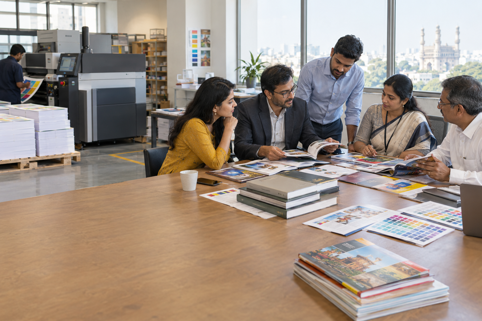 Team reviewing printed materials in a modern workflow setting